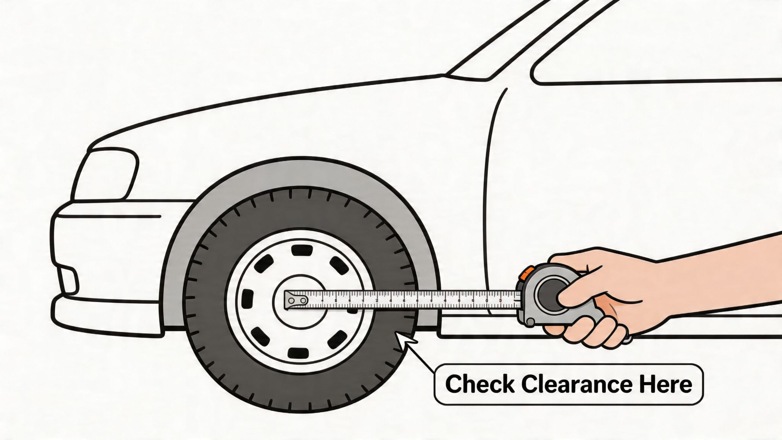 An illustration showing a person using a tape measure to check clearance near a car tire.