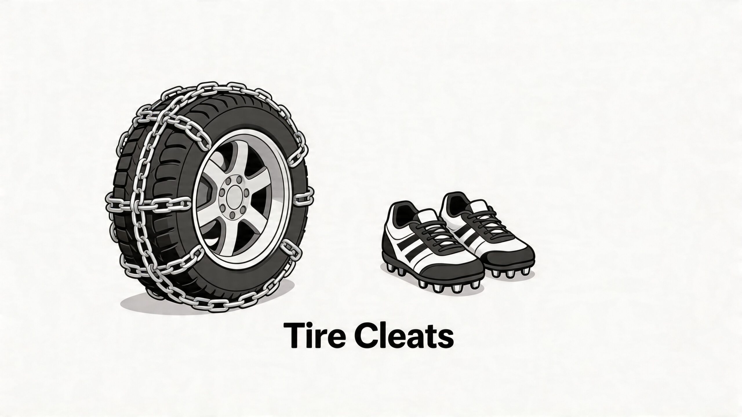 A car tire equipped with snow chains alongside a pair of soccer cleats on white background.