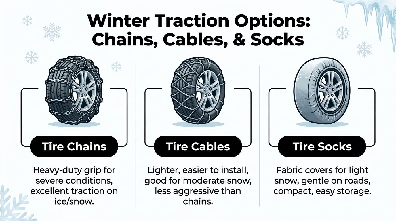 An infographic comparing tire chains, tire cables, and tire socks for winter vehicle traction and safety.
