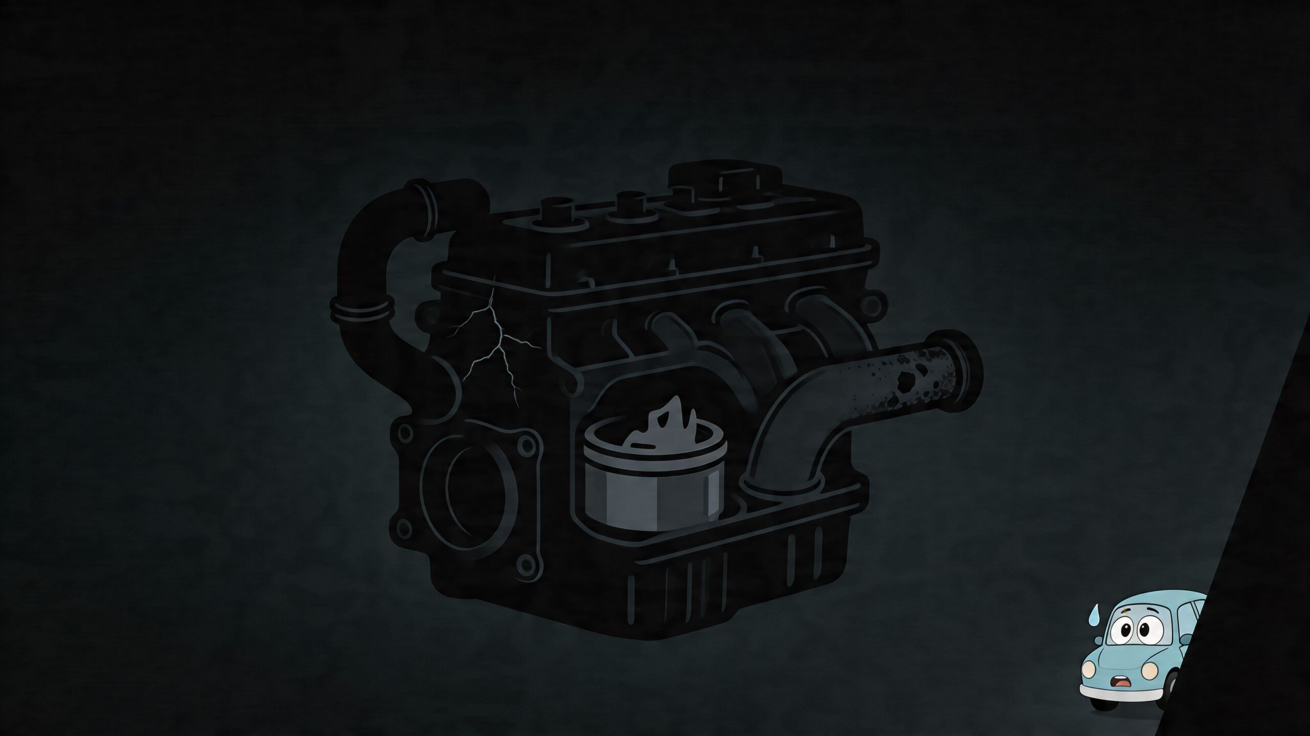 An illustration of a broken car engine with a crack on the block and a worried cartoon car.
