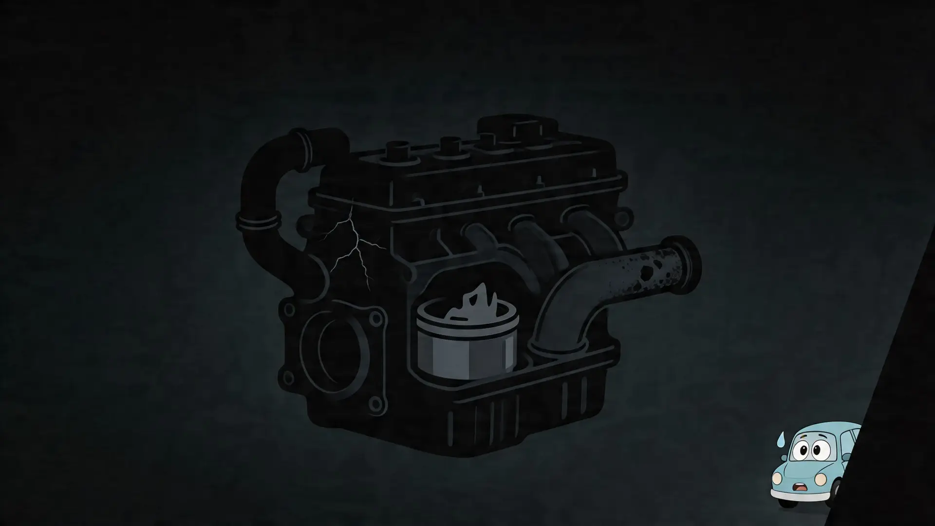 An illustration of a broken car engine with a crack on the block and a worried cartoon car.