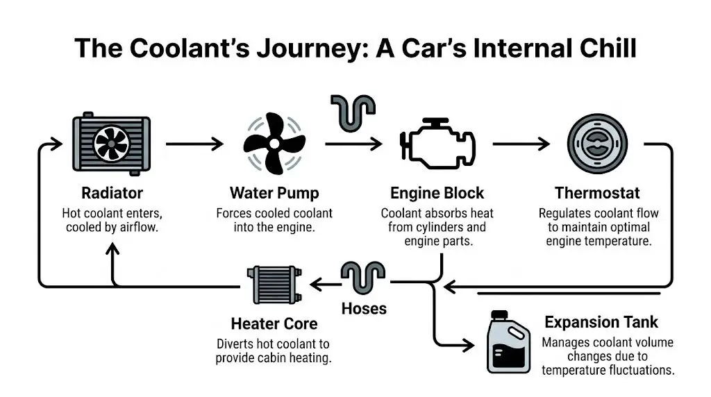 A diagram illustrating the flow of coolant through a car engine's cooling system components.