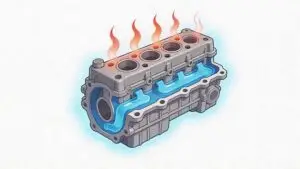 Engine block with overheating and coolant flow illustration