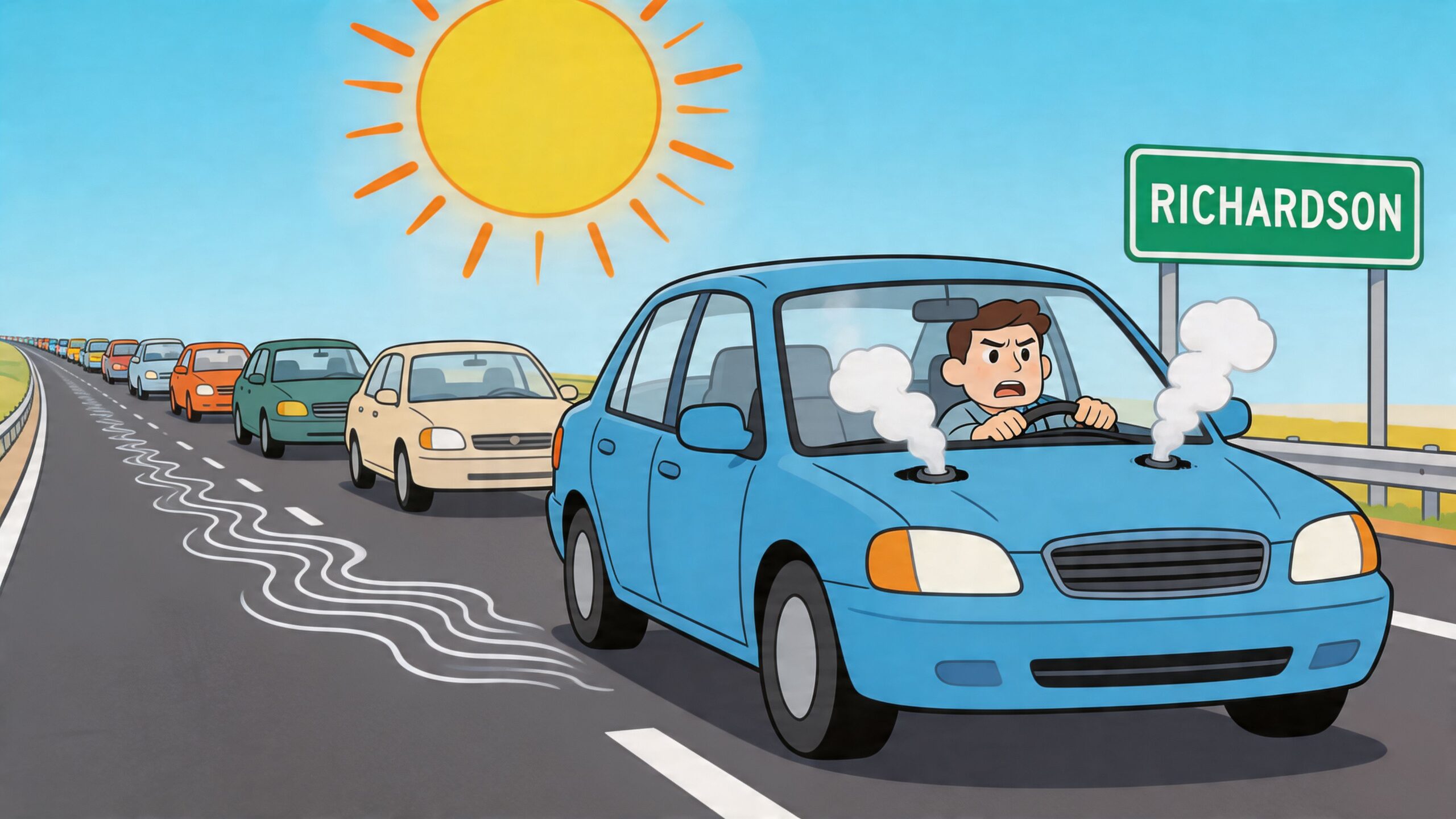 A blue car with smoke rising from its hood, stuck in a traffic jam on a sunny day.