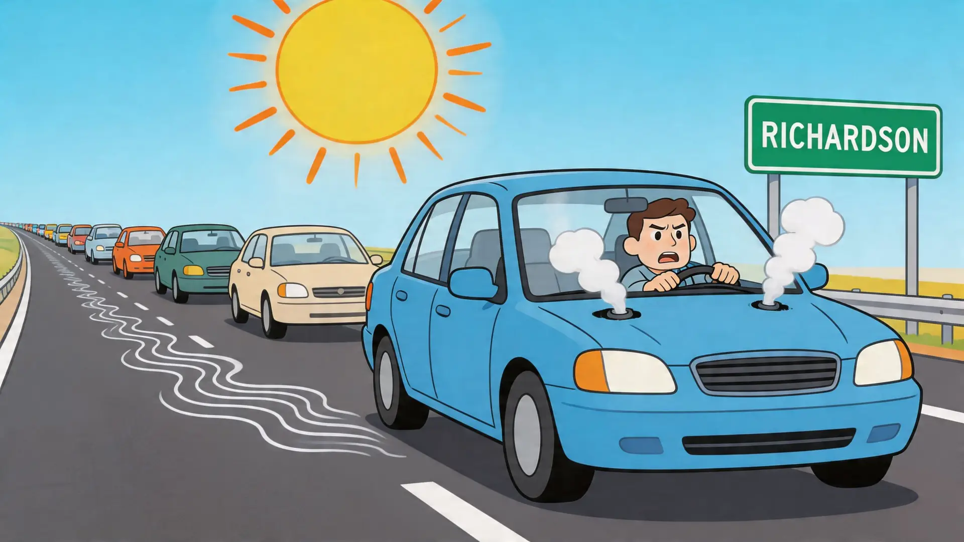 A blue car with smoke rising from its hood, stuck in a traffic jam on a sunny day.