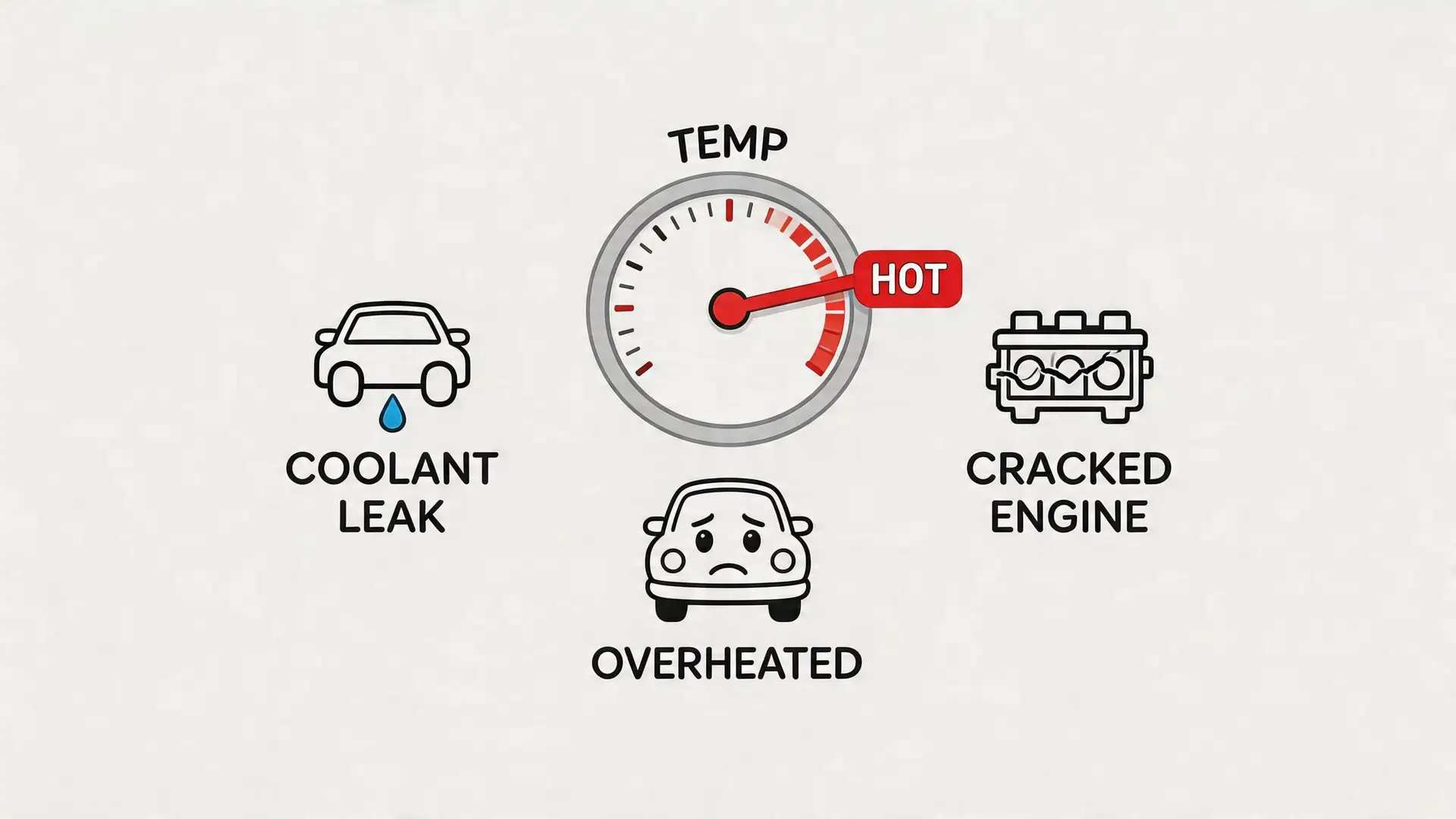 An illustration showing a car dashboard temperature gauge pointing to hot, with icons for a coolant leak, cracked engine, and overheated car.