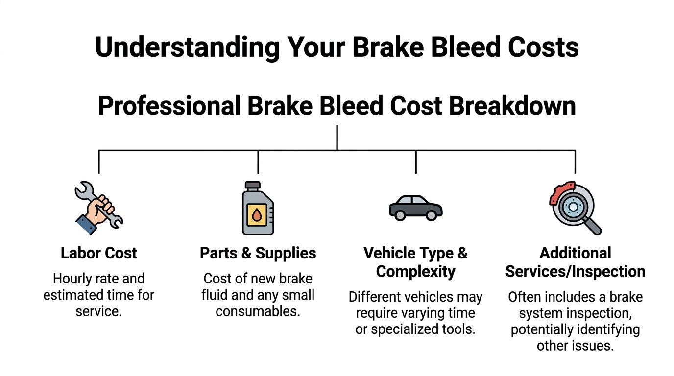 A diagram outlining the four primary factors that contribute to the total professional brake bleed service cost.