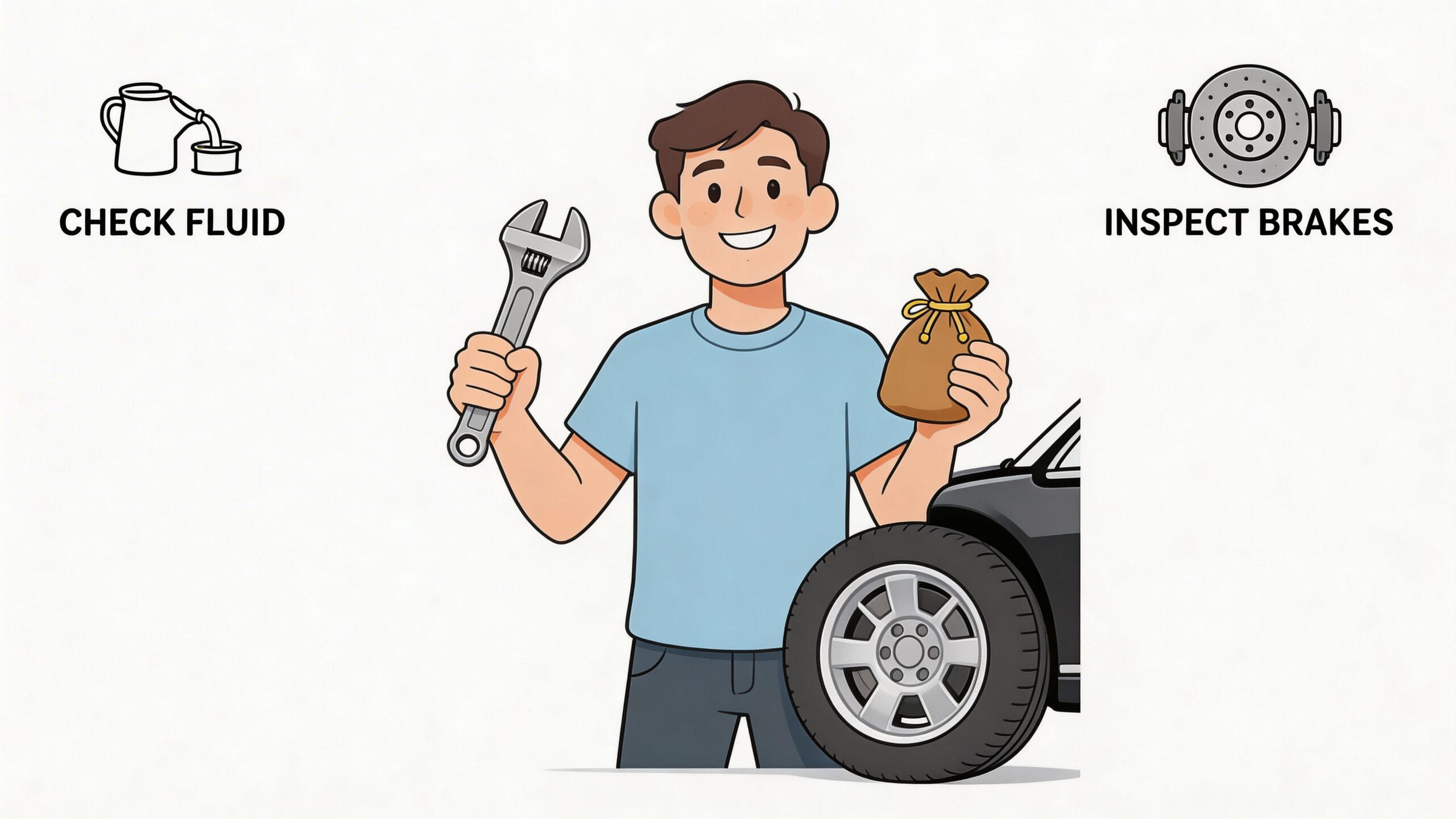 A friendly mechanic holding a wrench and a money bag next to a car, illustrating automotive maintenance services.