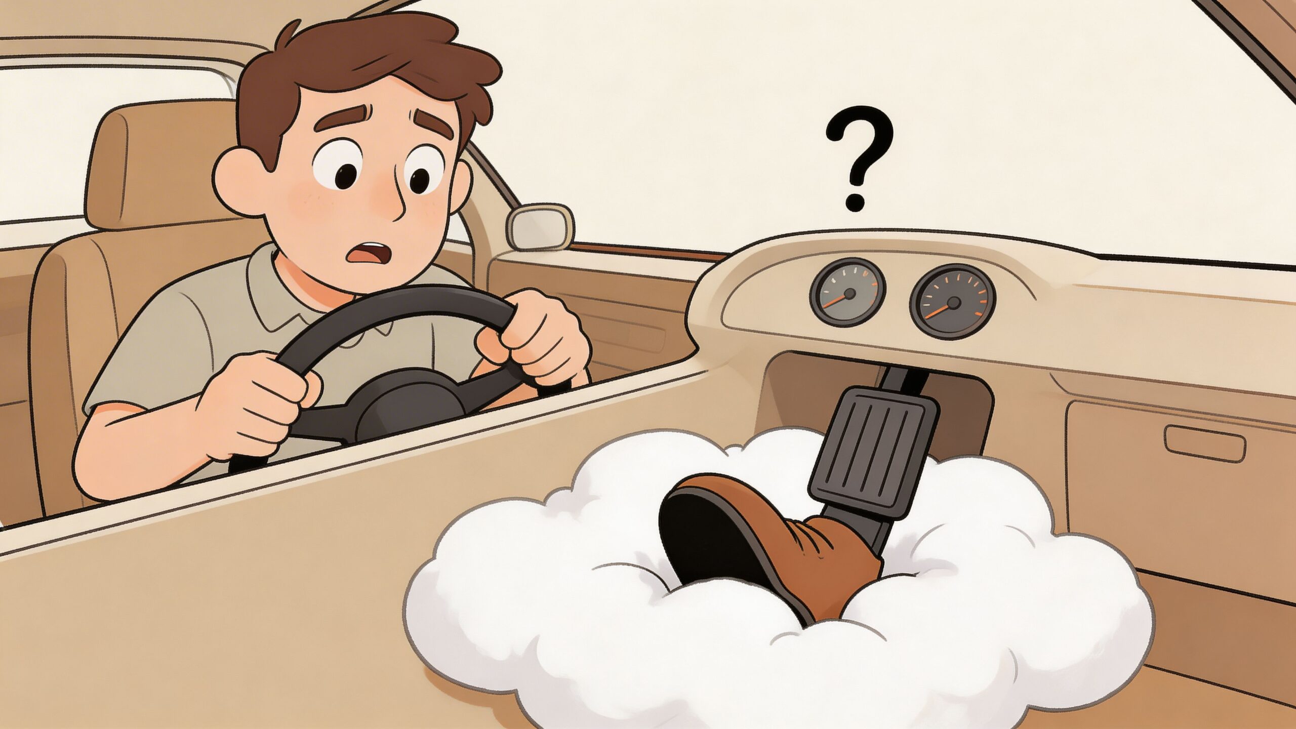 A confused driver looking at a car pedal protruding through a white cloud instead of the floor.