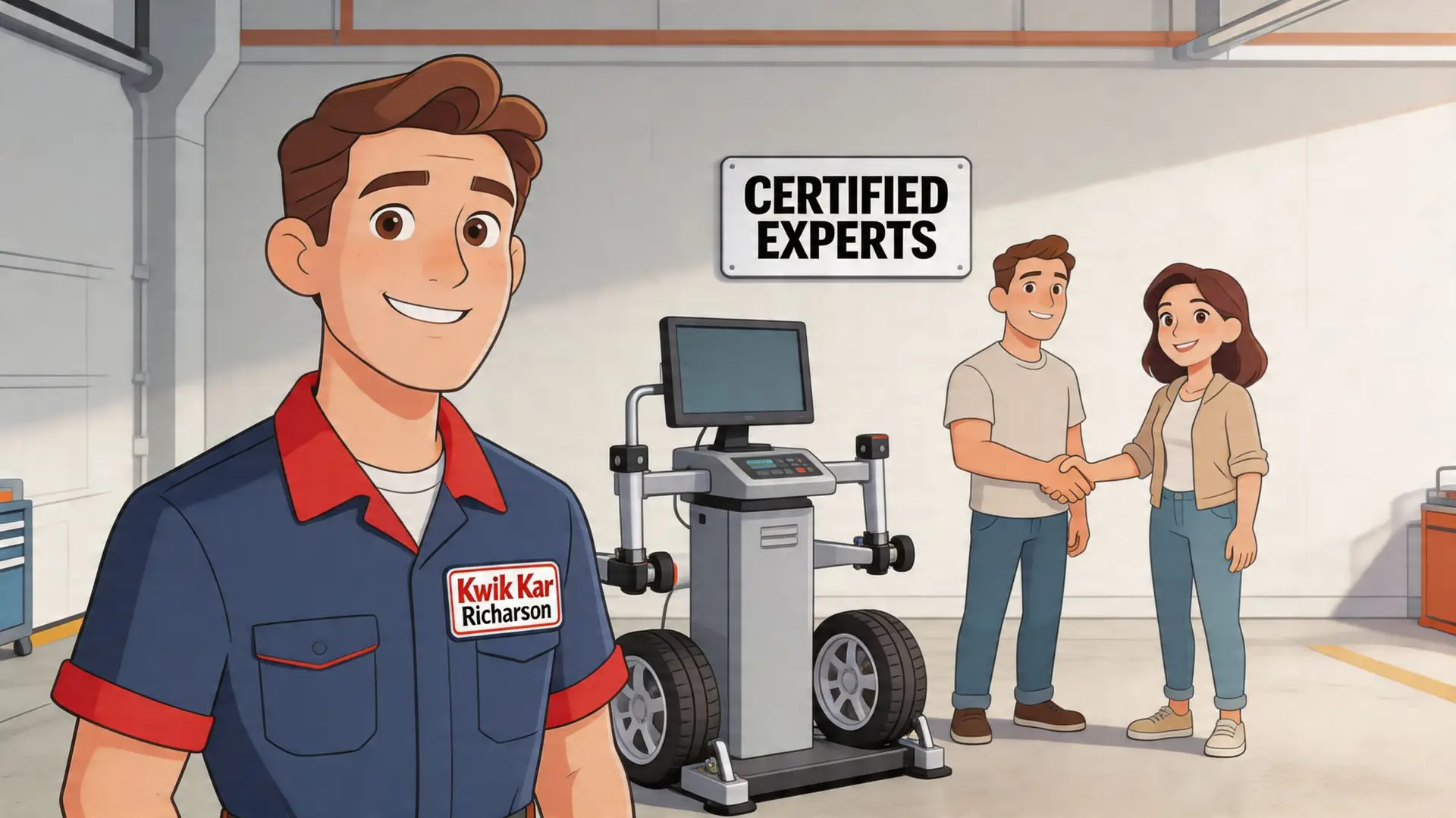 A professional Kwik Kar mechanic smiles while a couple shakes hands in the background of a garage.