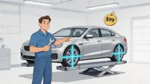 Mechanic performing wheel alignment on car lift