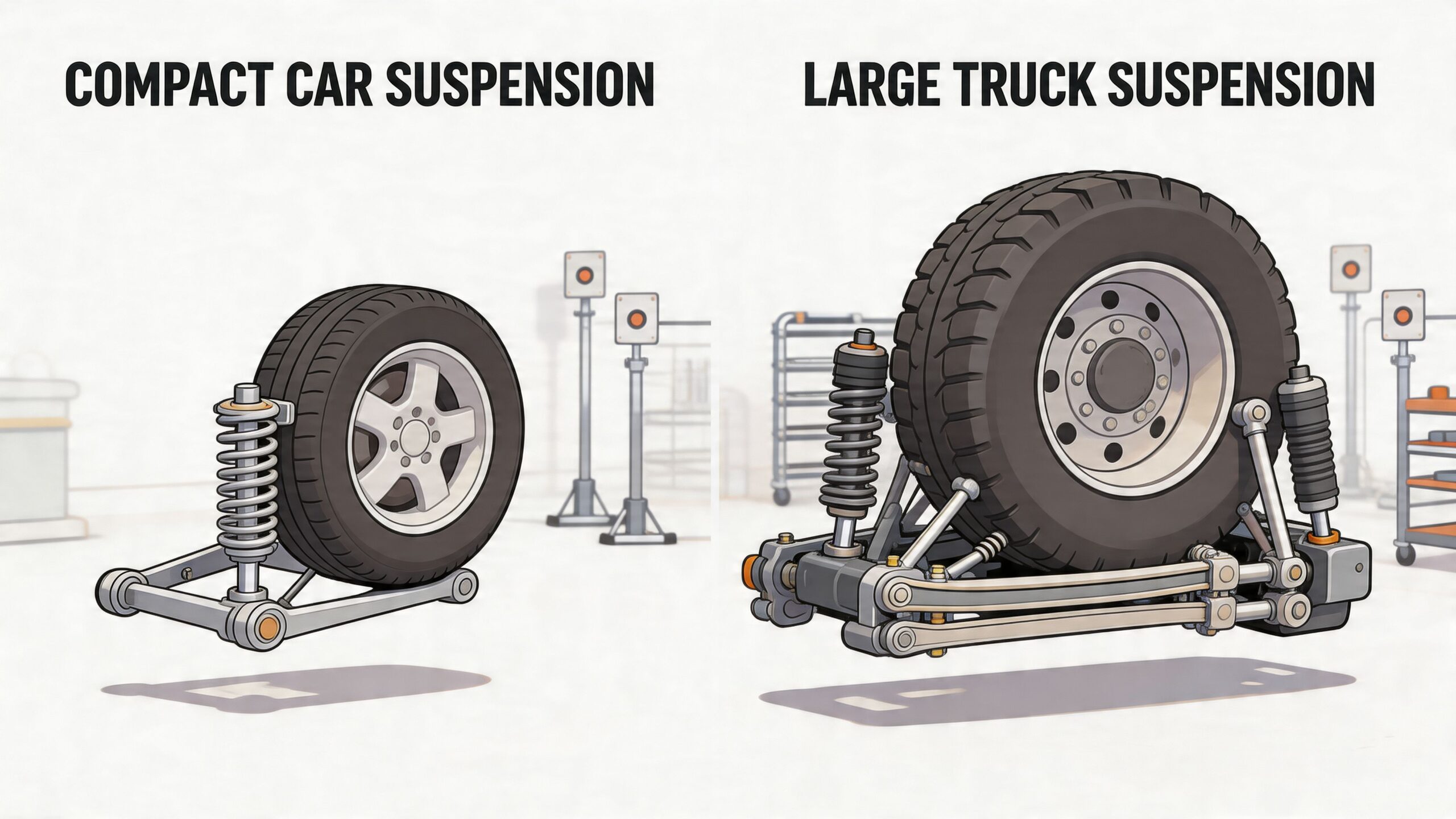 A side-by-side comparison illustrating the mechanical differences between a compact car suspension and a large truck suspension.