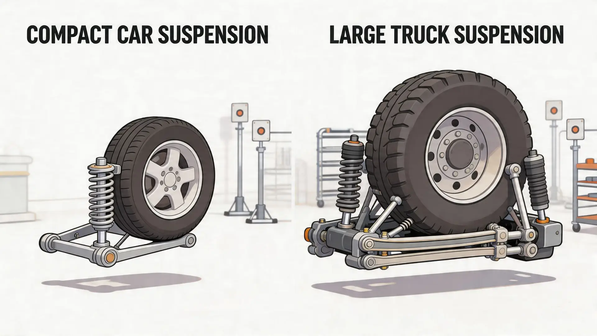 A side-by-side comparison illustrating the mechanical differences between a compact car suspension and a large truck suspension.