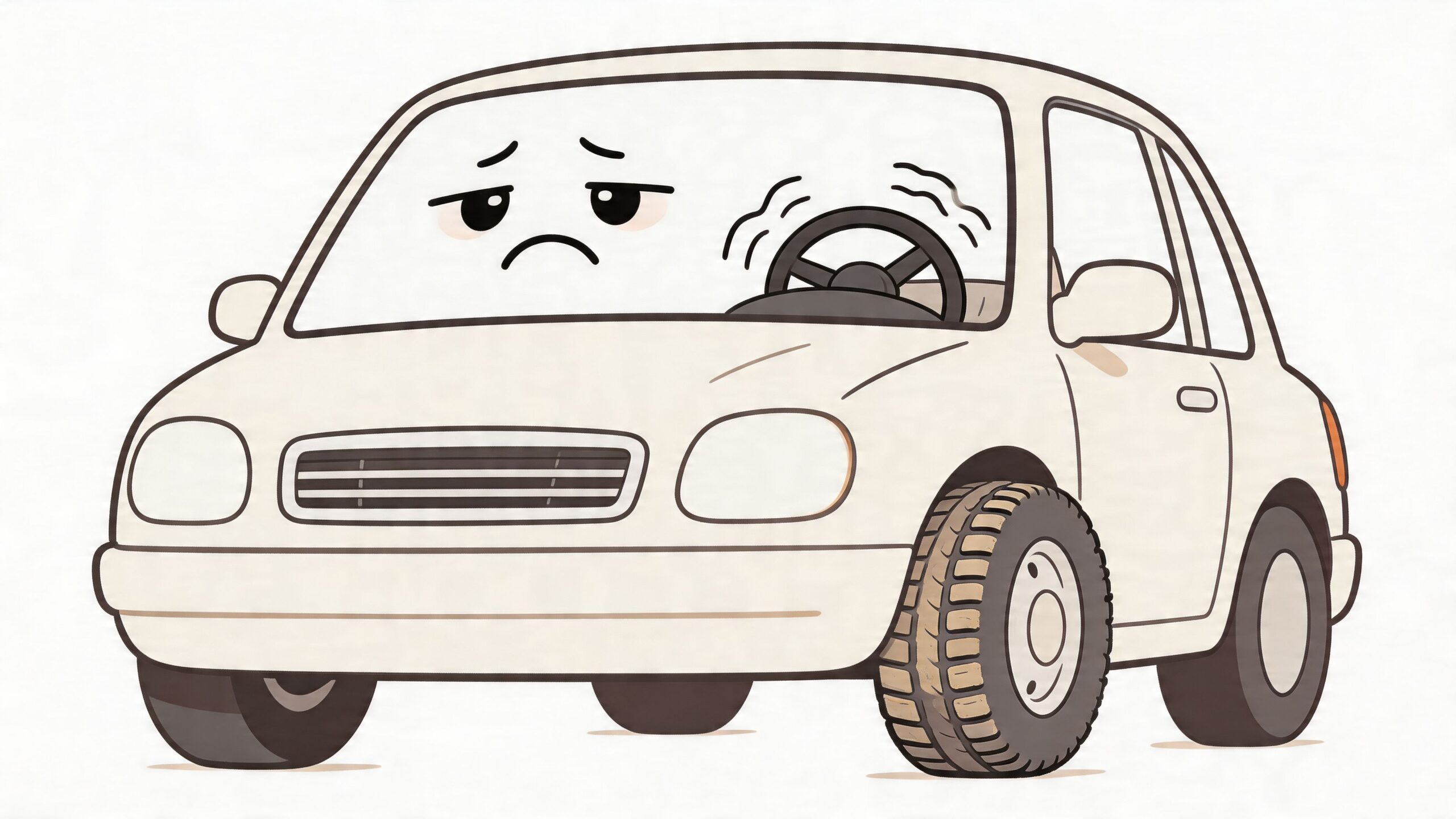 A cartoon white car with a sad face and a vibrating steering wheel indicating misalignment issues.