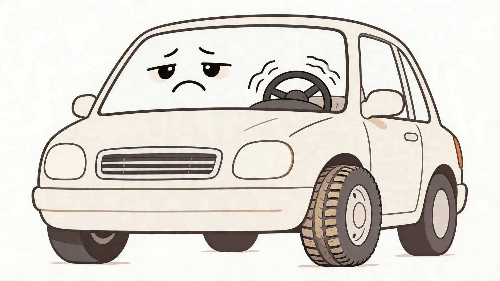 A cartoon white car with a sad face and a vibrating steering wheel indicating misalignment issues.