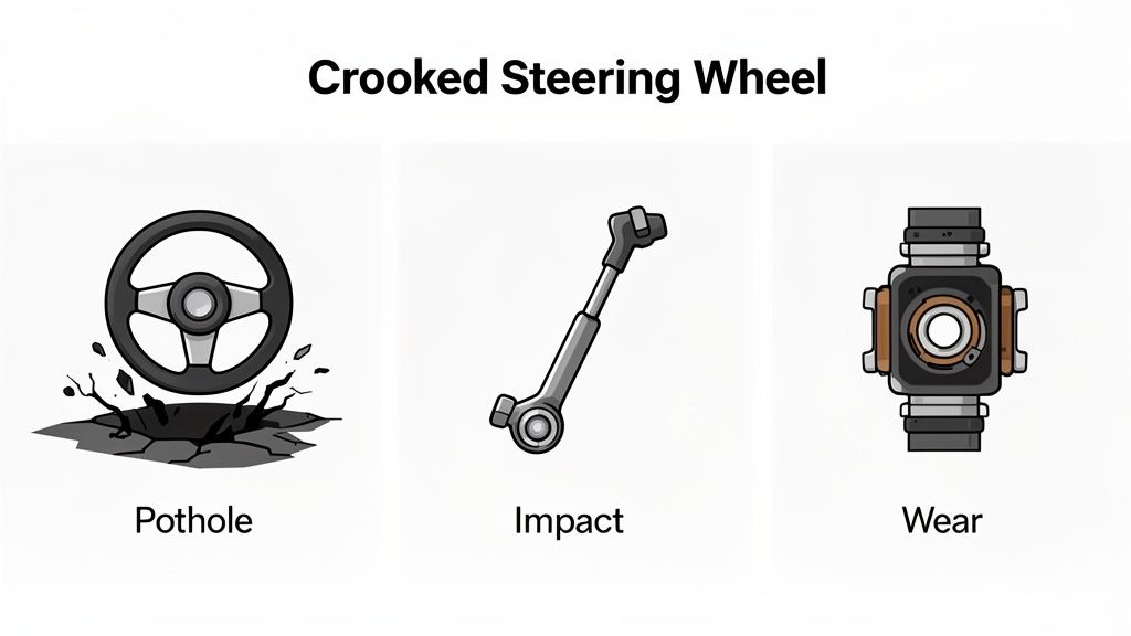 Illustrations depicting three reasons for a crooked steering wheel: pothole impact, steering linkage damage, and component wear.
