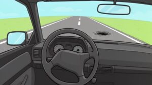 Car interior with road pothole ahead