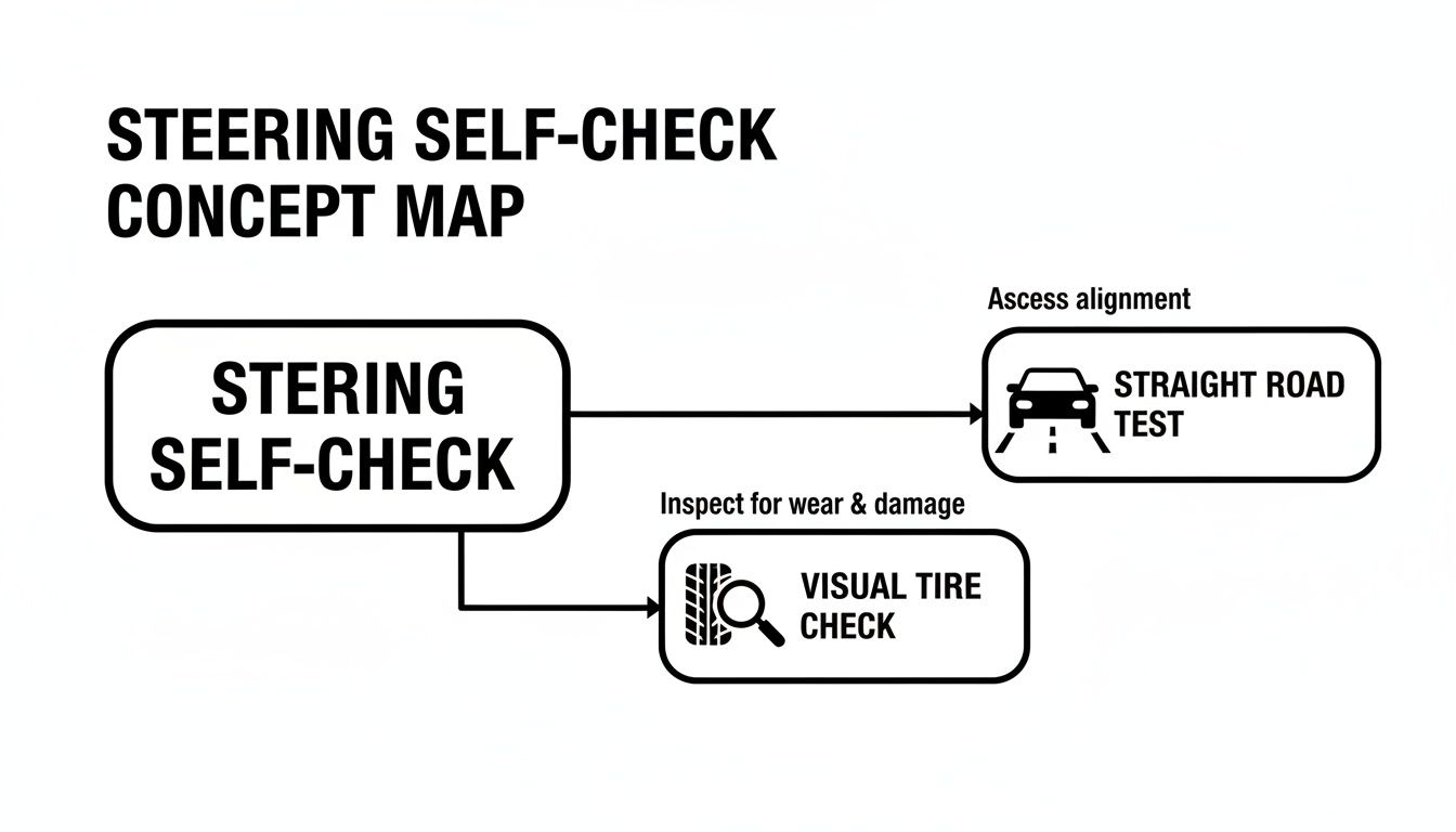 Concept map illustrating the steering self-check process with steps for road testing and visual tire check.