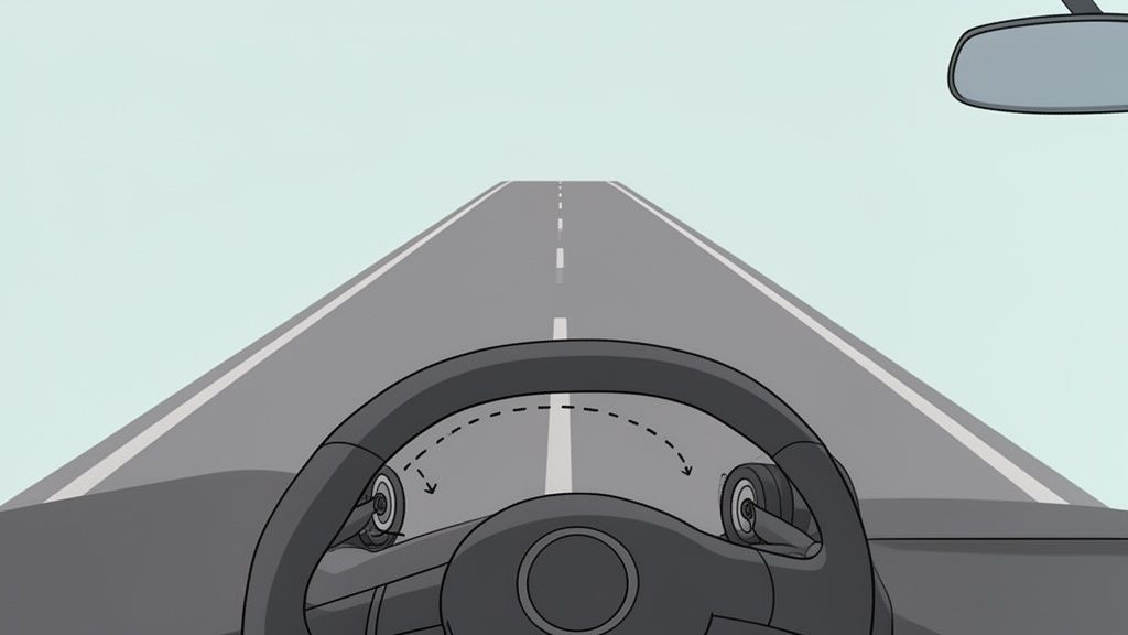 A driver's perspective from inside a car, showing a steering wheel and a straight road ahead.