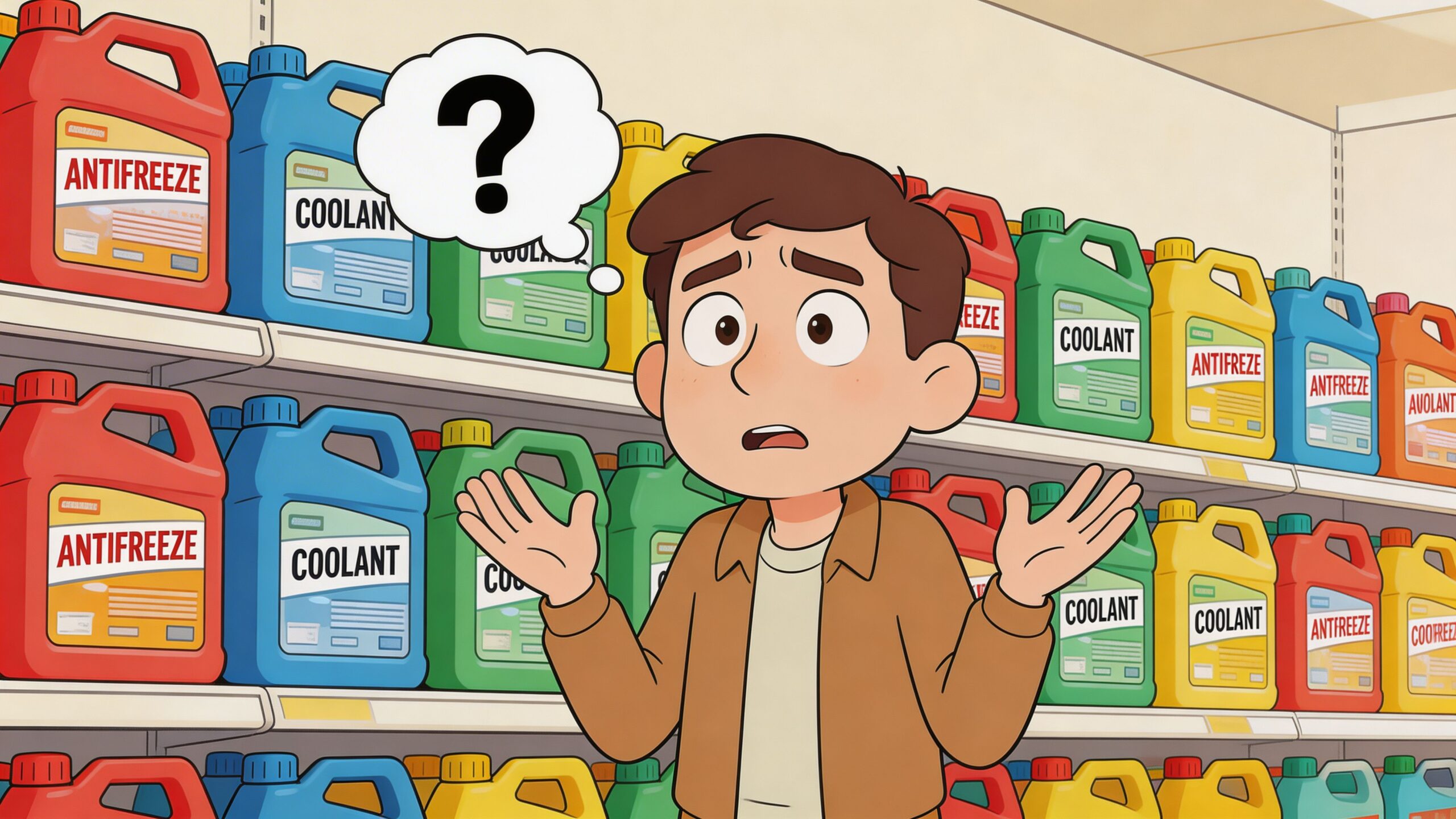 A confused young man standing in an automotive store aisle trying to decide between different coolant and antifreeze bottles.