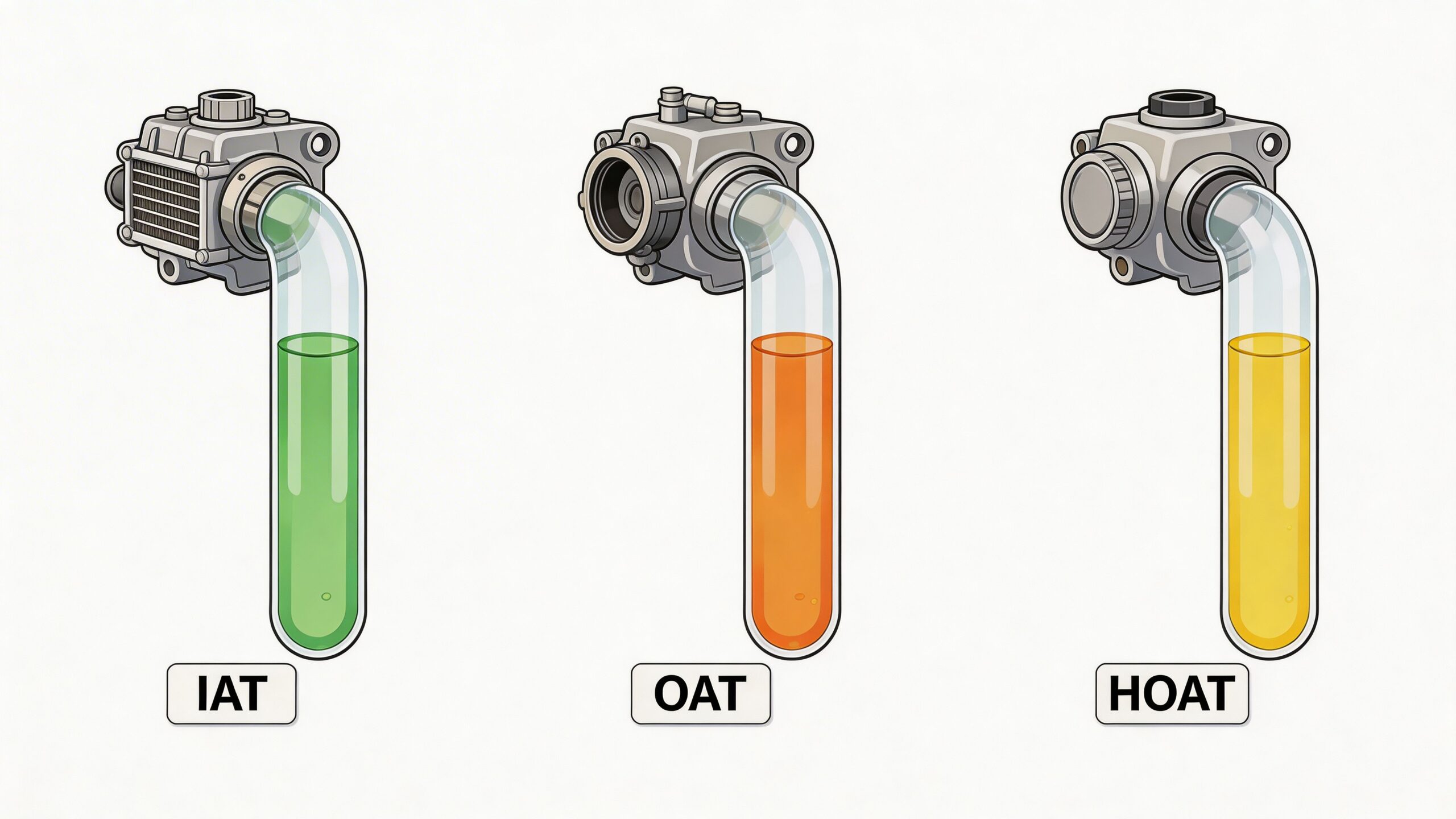 A diagram comparing three types of automotive coolants: IAT (green), OAT (orange), and HOAT (yellow).