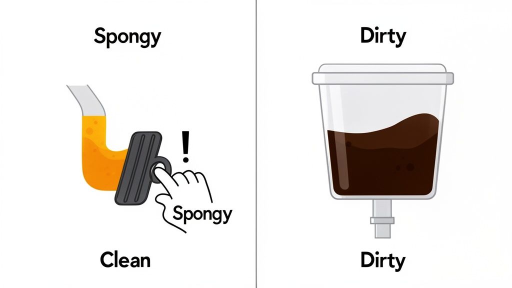 Illustration showing a hand pressing a 'spongy' brake pedal with clean fluid and a container of 'dirty' brake fluid.