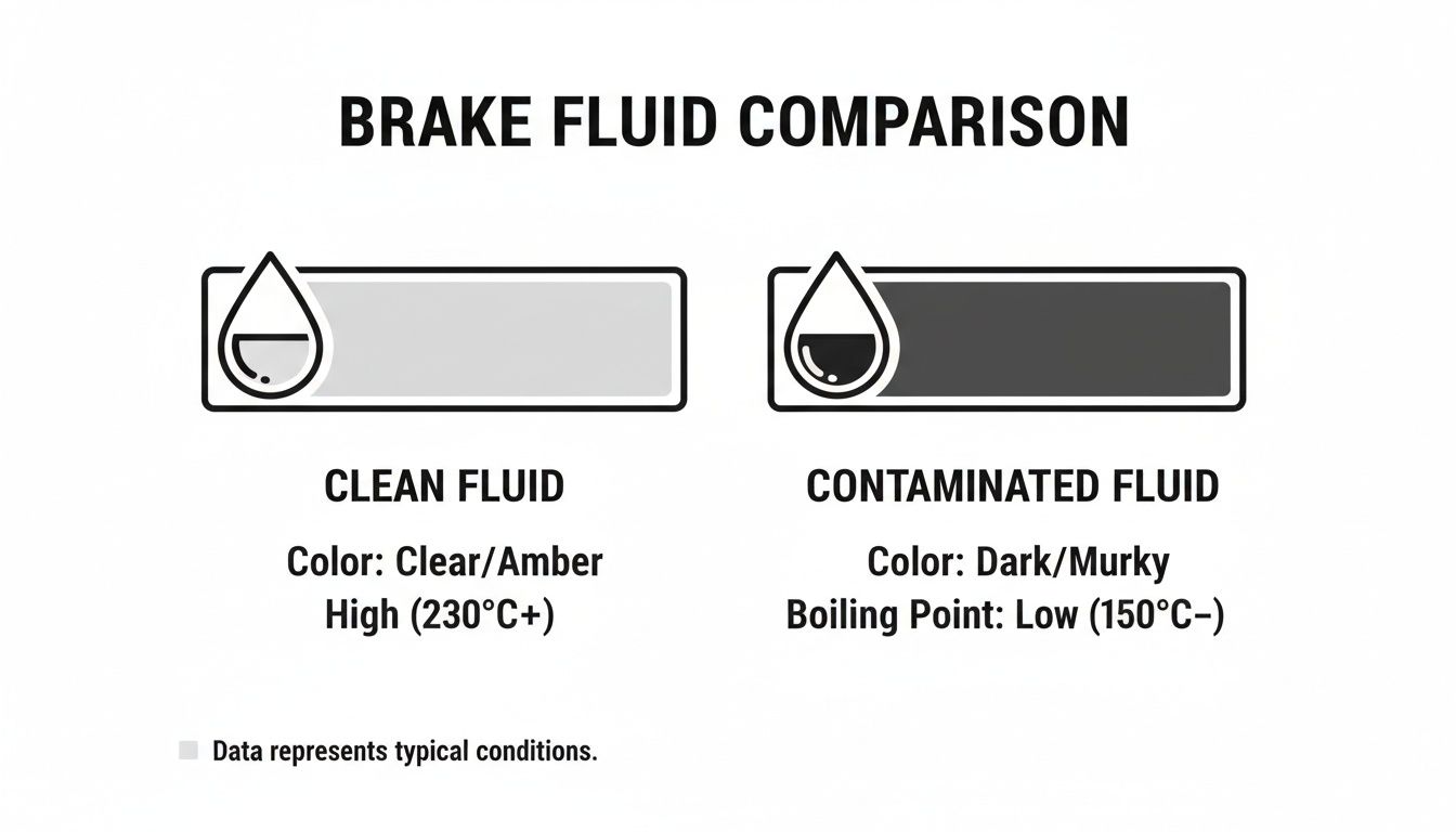 Visual comparison of clean brake fluid (clear/amber) with high boiling point, versus dark/murky contaminated fluid with low boiling point.