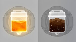 Oil tank comparison: clean vs. dirty oil.