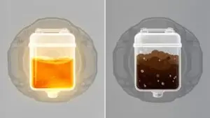 Oil tank comparison: clean vs. dirty oil.