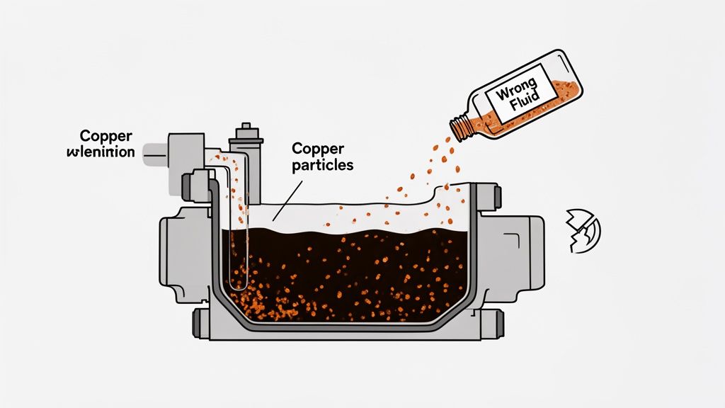 Diagram showing a bottle labeled 'Wrong Fluid' pouring copper particles into a mechanical system, causing potential damage.