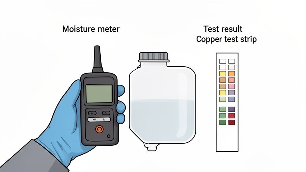 A gloved hand holds a moisture meter, next to a fluid bottle and a color-coded copper test strip.