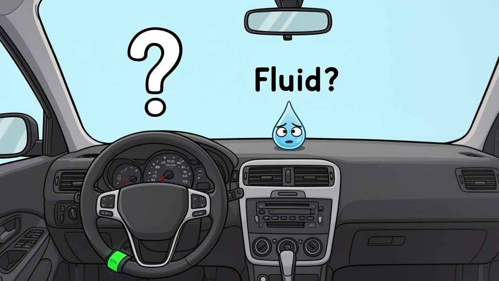 A cartoon car dashboard featuring a confused water droplet character with the words Fluid? and a question mark.