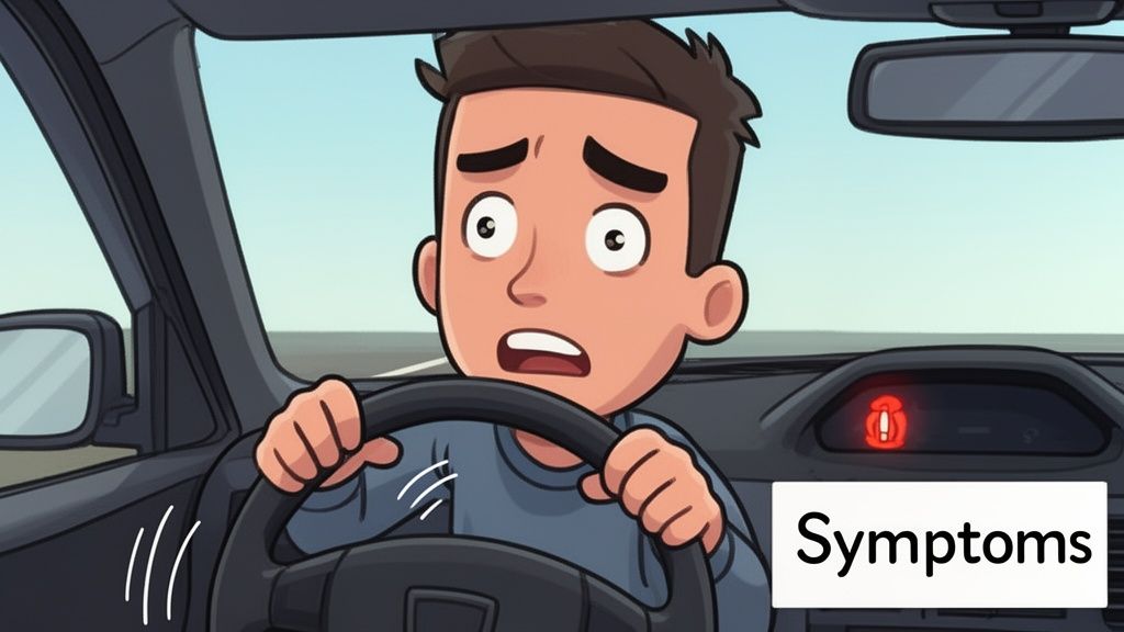 A concerned driver in a car showing a red electric power steering warning light on the dashboard.