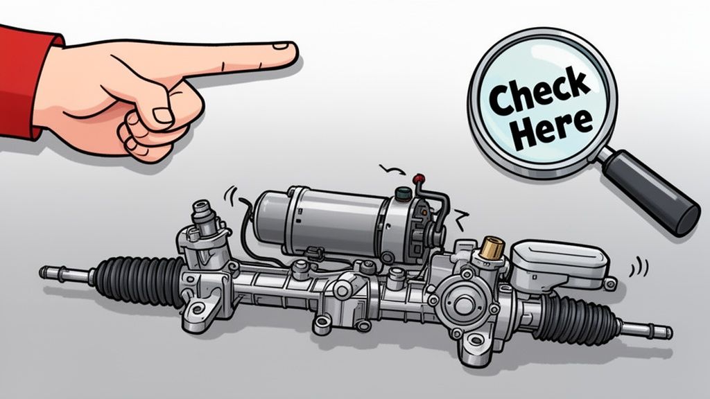A hand pointing to an electric power steering rack system with a magnifying glass showing check here.