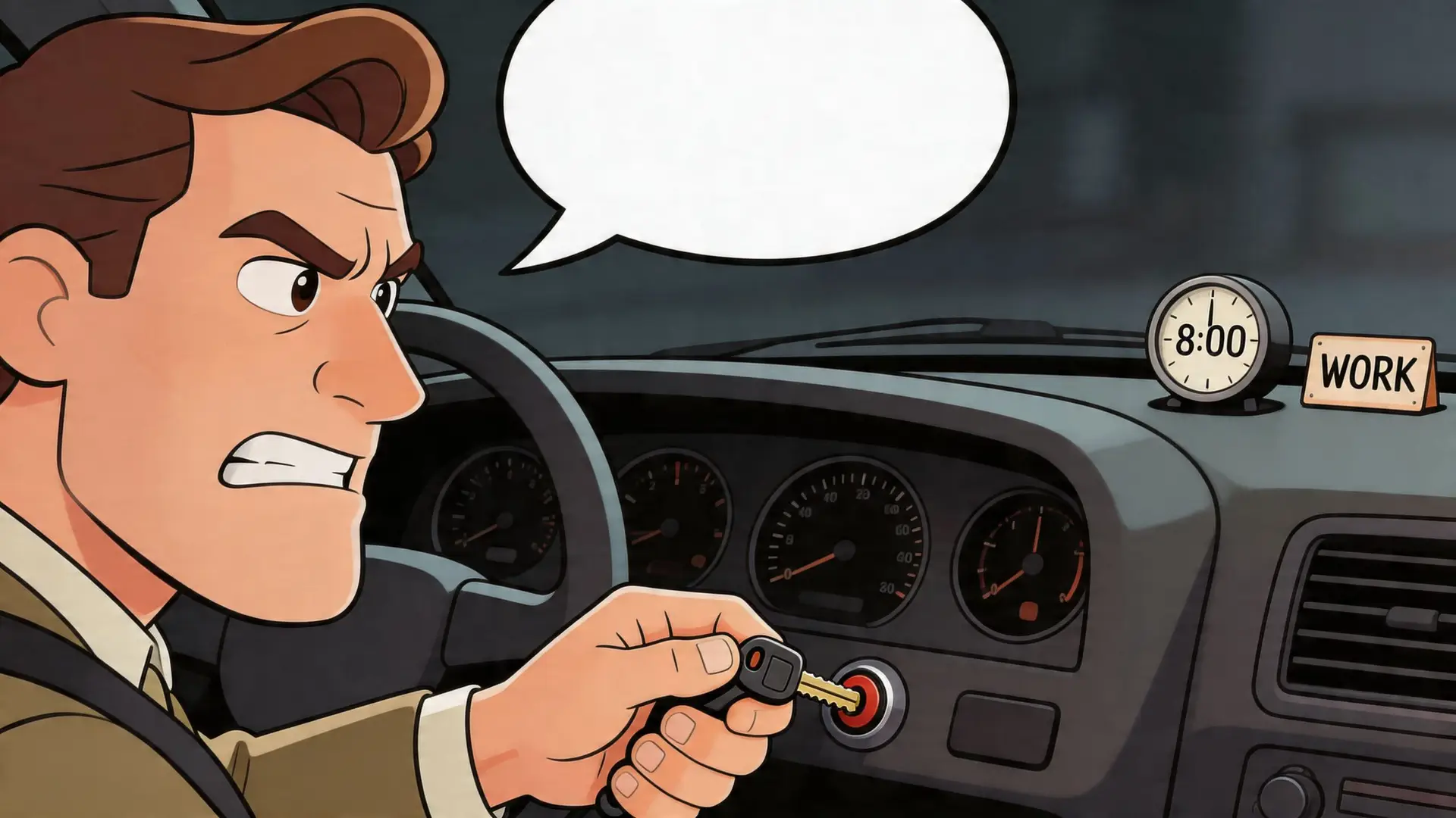 A frustrated man inside a car trying to start the engine with a key during morning rush.