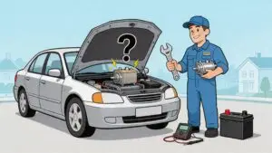 Mechanic diagnosing car battery problem with hood open