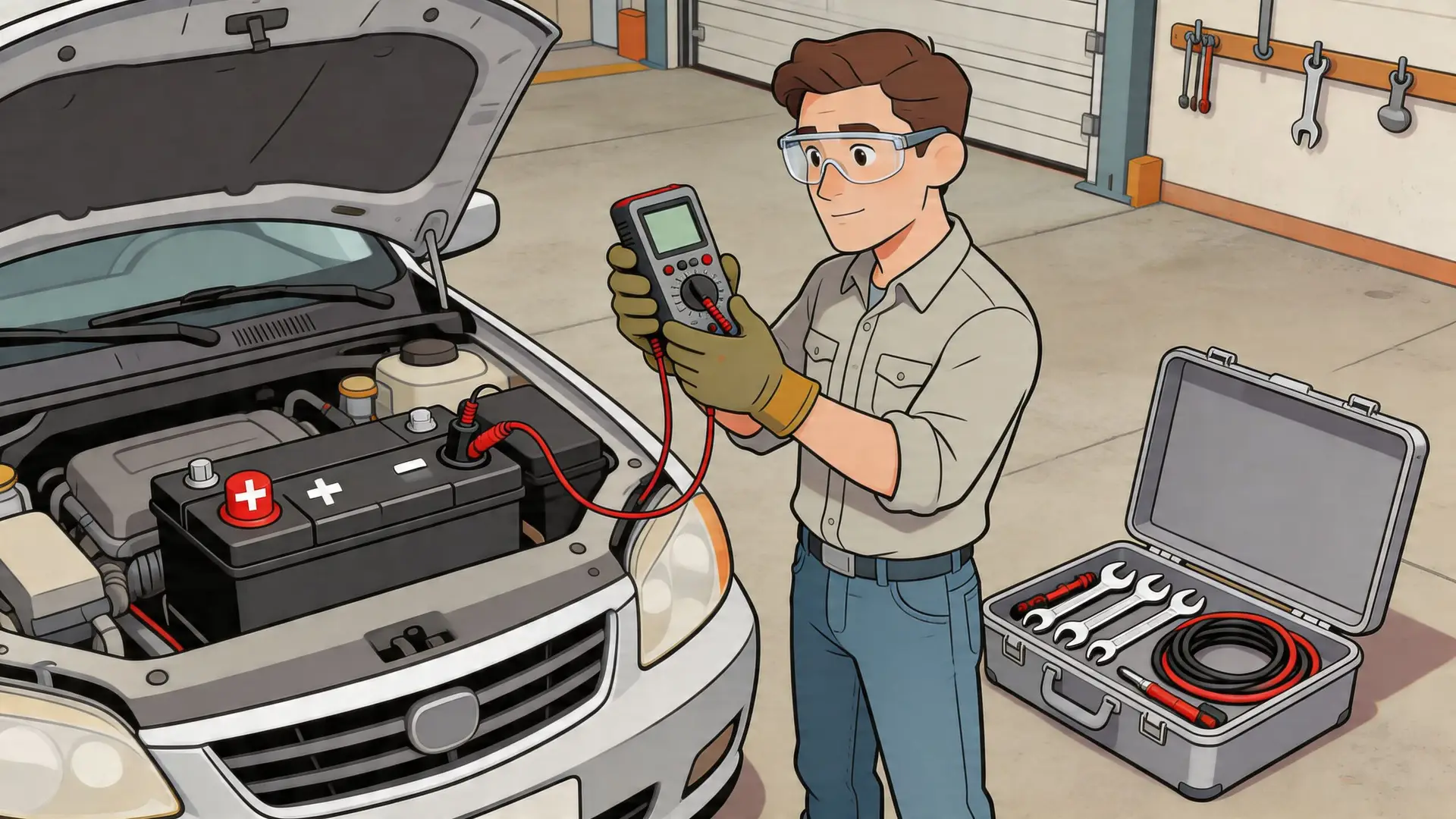 A mechanic in safety goggles uses a multimeter to test a car battery in a garage workshop.