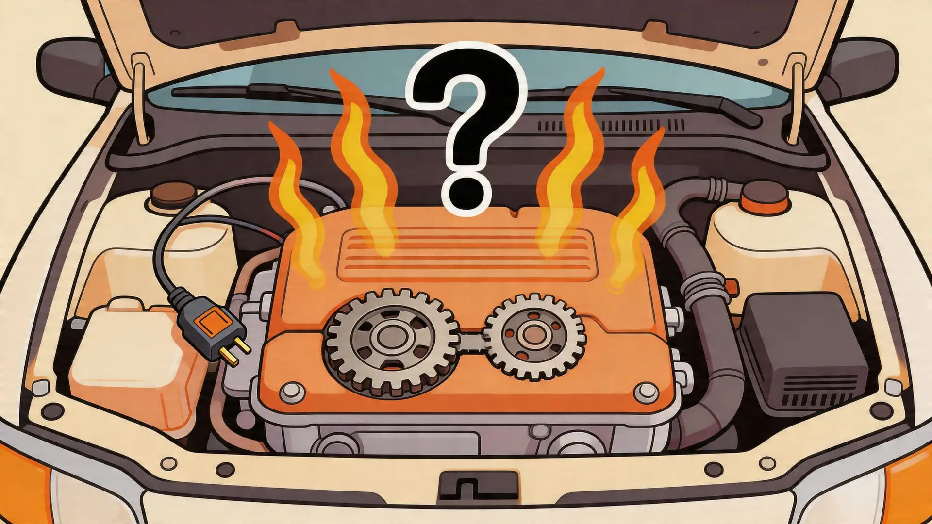 A cartoon illustration of a car engine with flames and a large question mark above it.