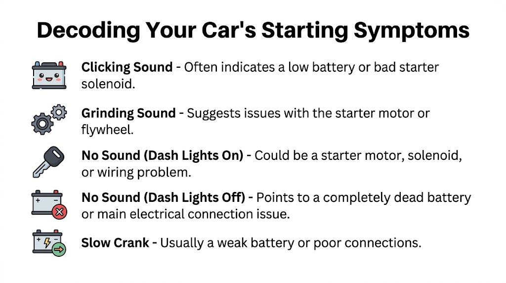 A diagnostic guide illustrating common car starting symptoms, including sounds and dashboard light behaviors to identify issues.