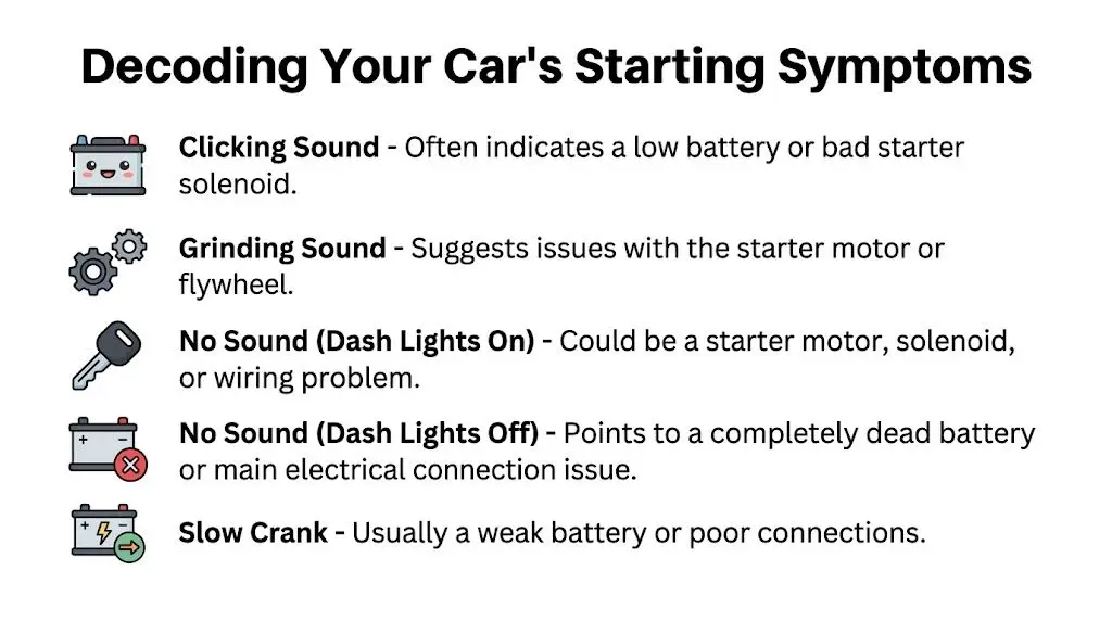 A diagnostic guide illustrating common car starting symptoms, including sounds and dashboard light behaviors to identify issues.