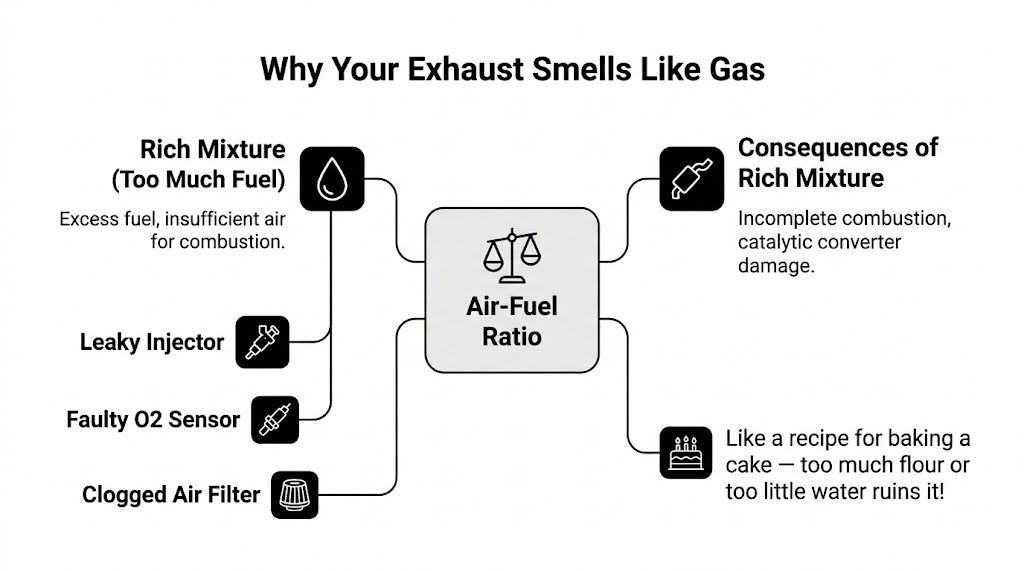 A diagram illustrating why vehicle exhaust smells like gas due to an improper air-fuel ratio imbalance.