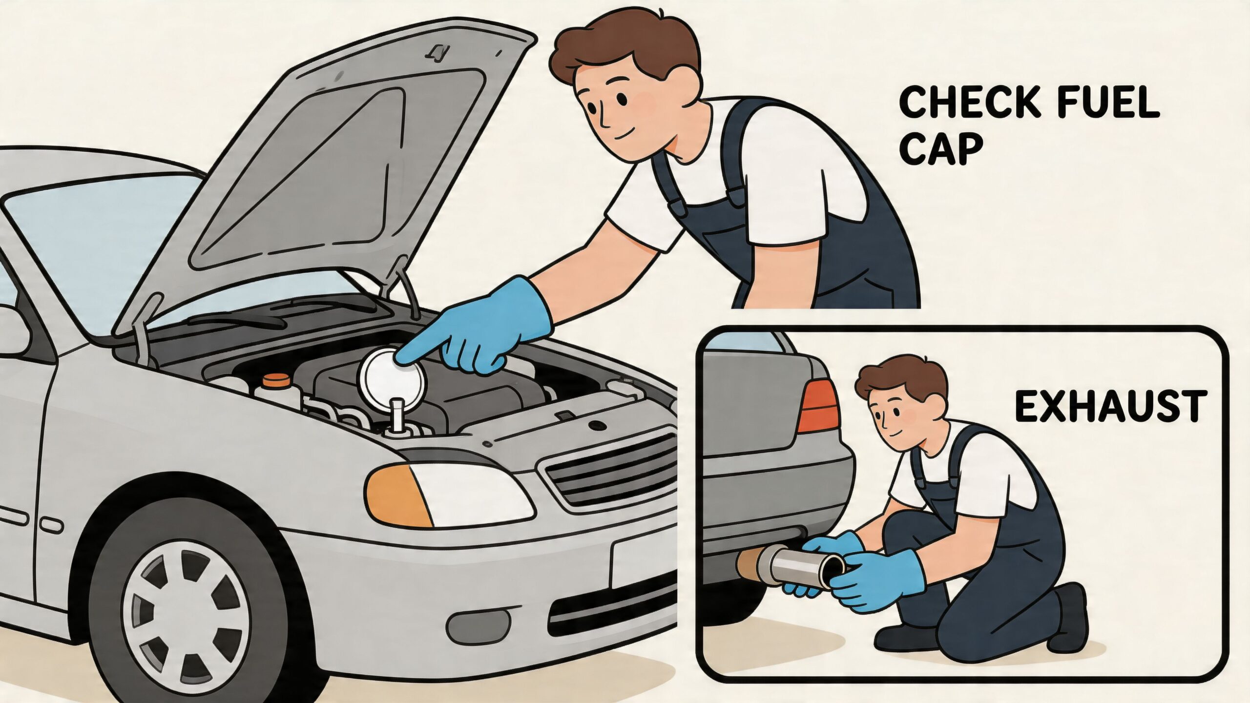 A mechanic inspecting a car engine and tailpipe, illustrating tips for investigating if exhaust smells like gas.