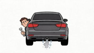 Mechanic inspecting car with leaking exhaust pipe