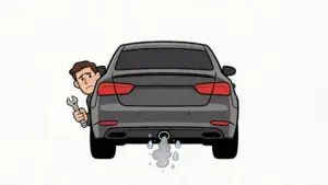 Mechanic inspecting car with leaking exhaust pipe