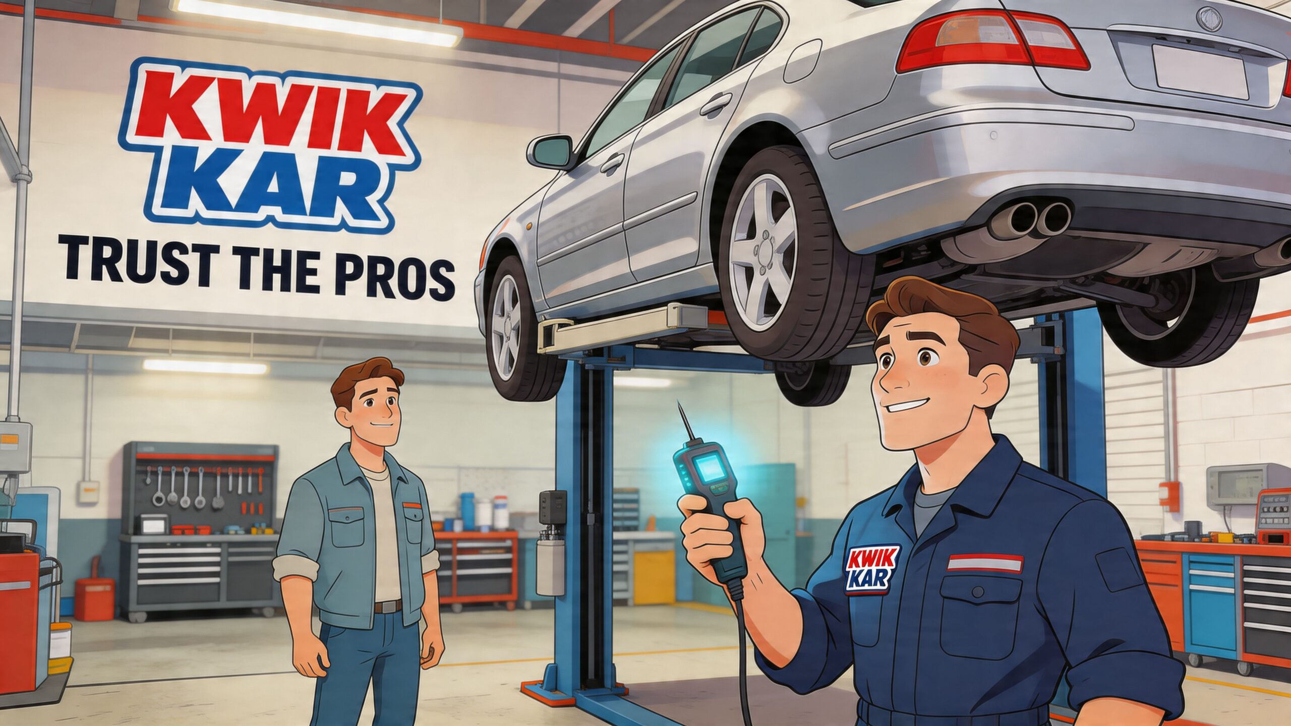A professional mechanic in a Kwik Kar uniform using a diagnostic tool on a lifted car.