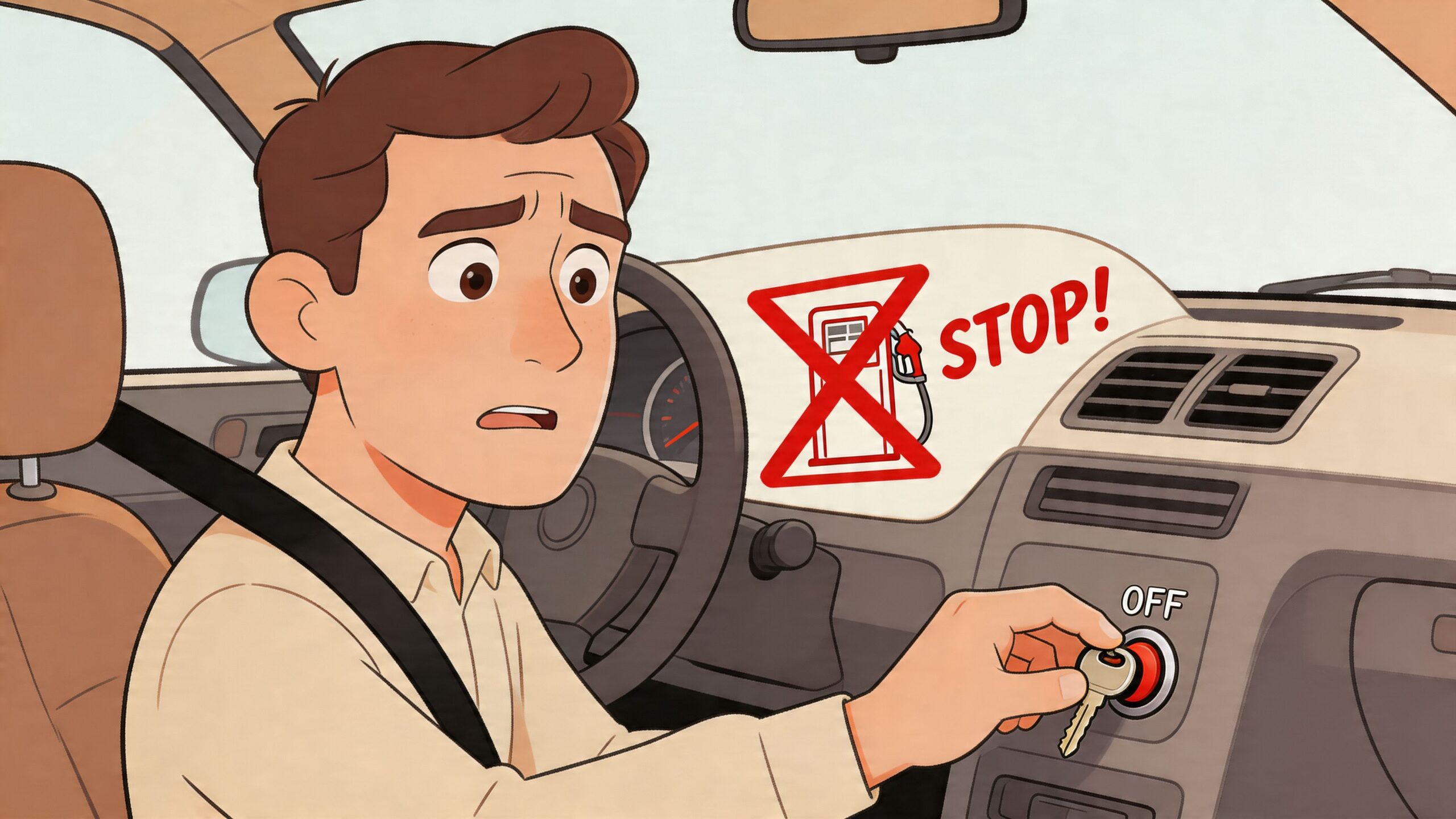 A worried driver turning off their car engine at a gas station to prevent safety hazards.