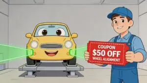 Cartoon mechanic holding $50 wheel alignment coupon