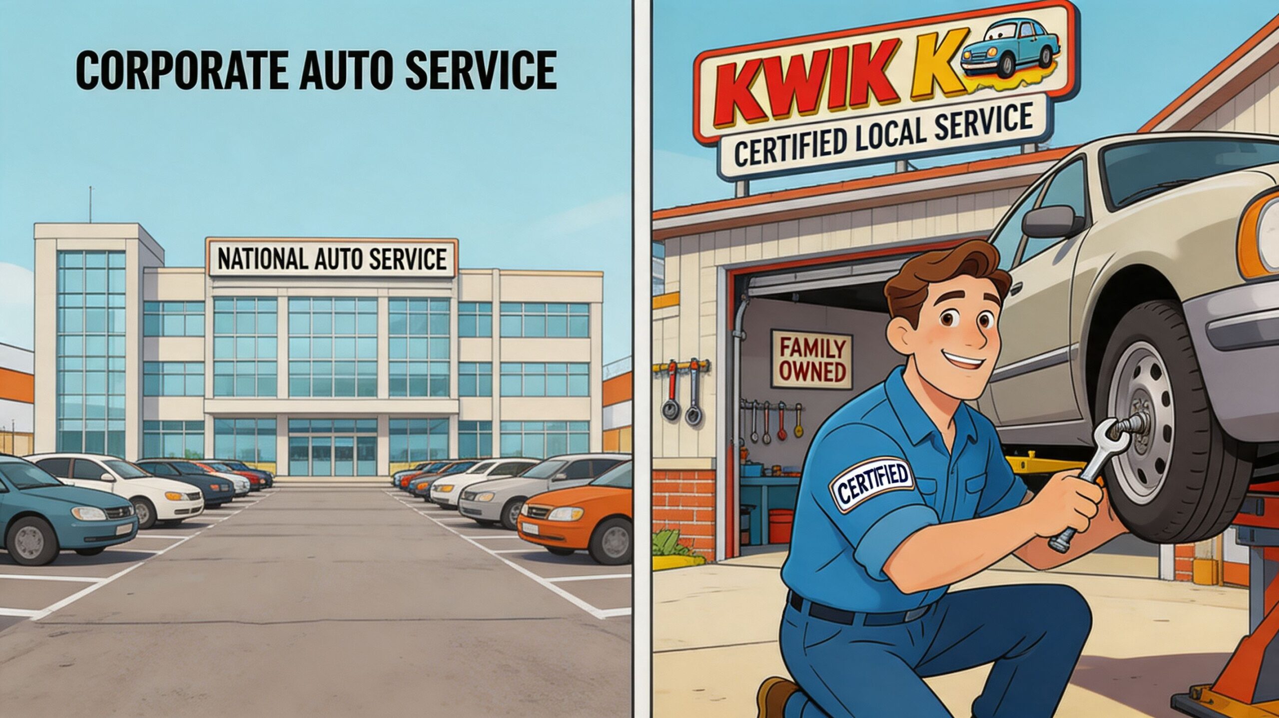 A split image comparing a large corporate auto service center with a friendly, local independent mechanic shop.