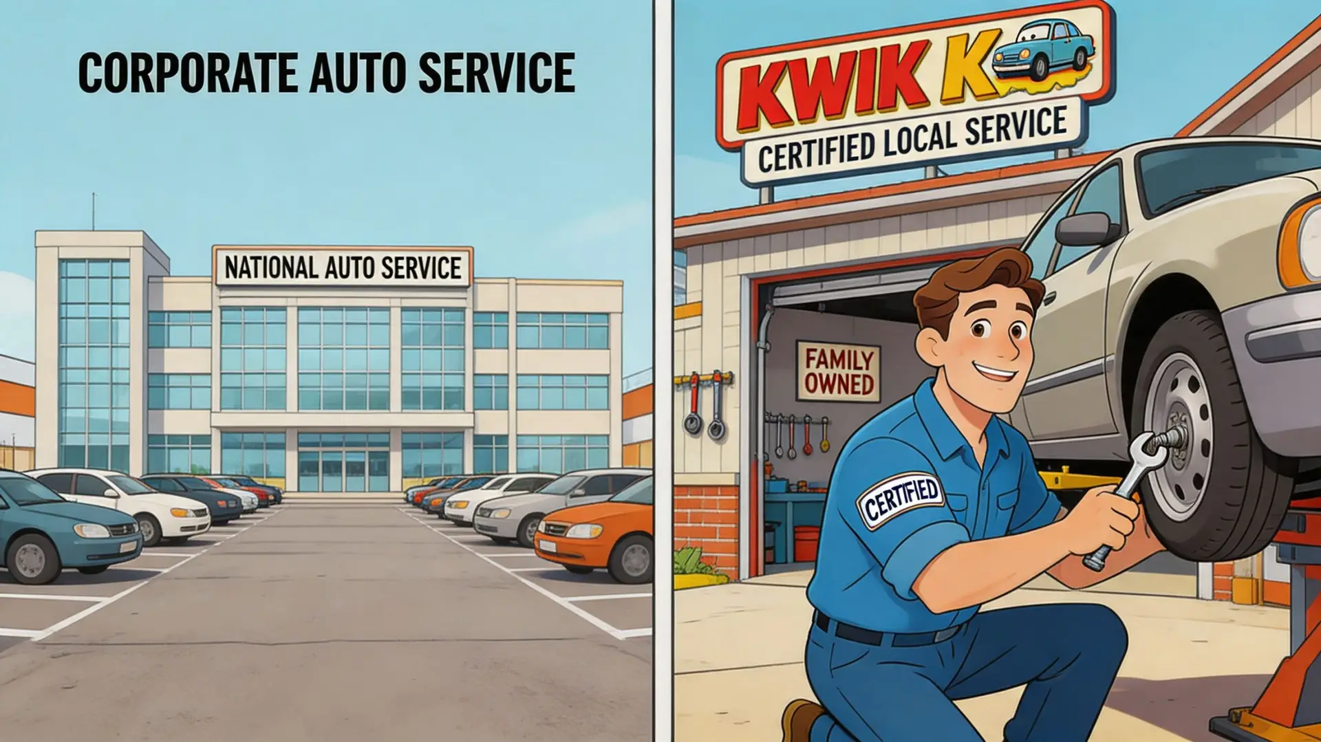 A split image comparing a large corporate auto service center with a friendly, local independent mechanic shop.