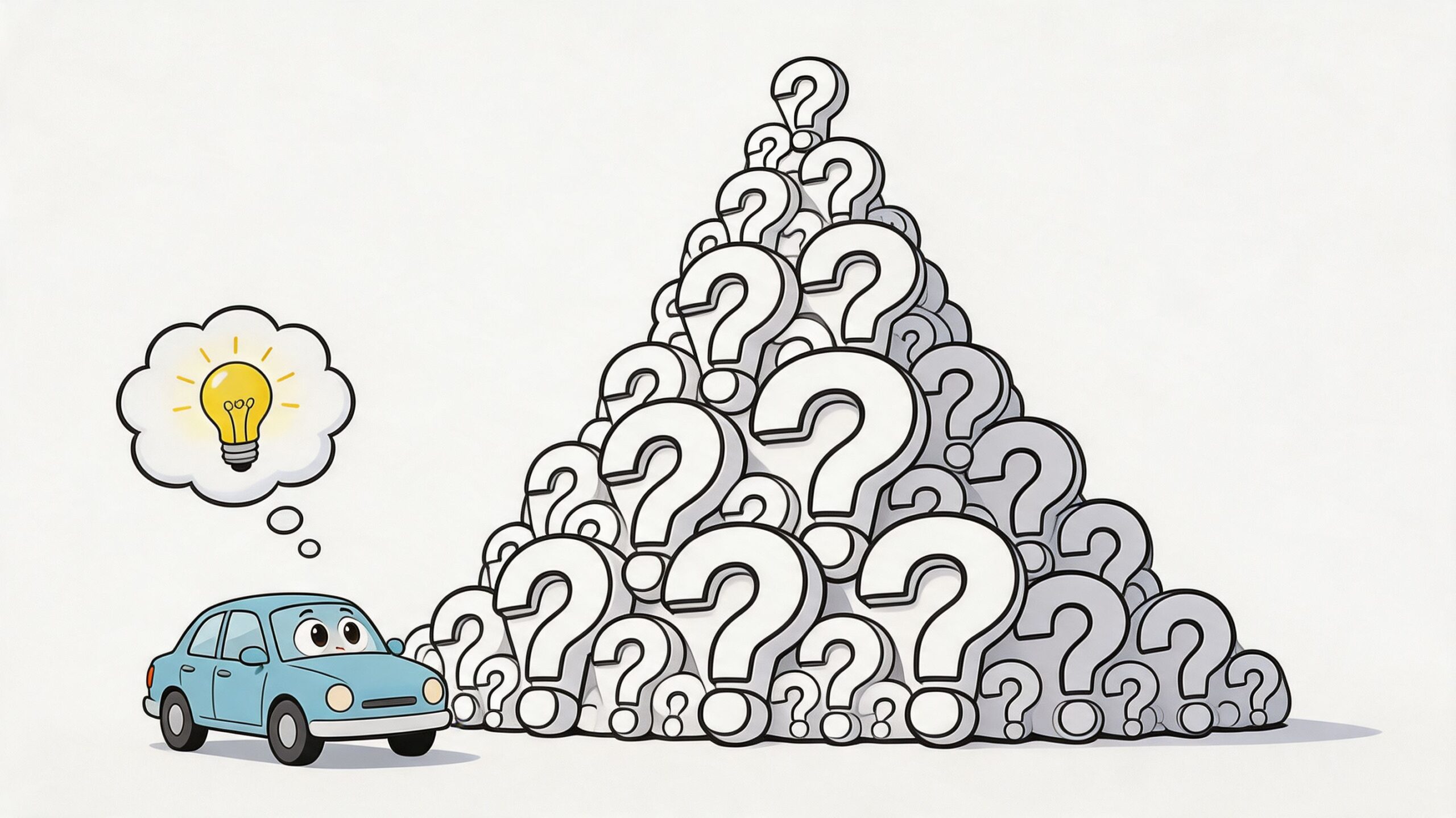 A cute blue cartoon car thinking about a bright idea near a large mountain of question marks.